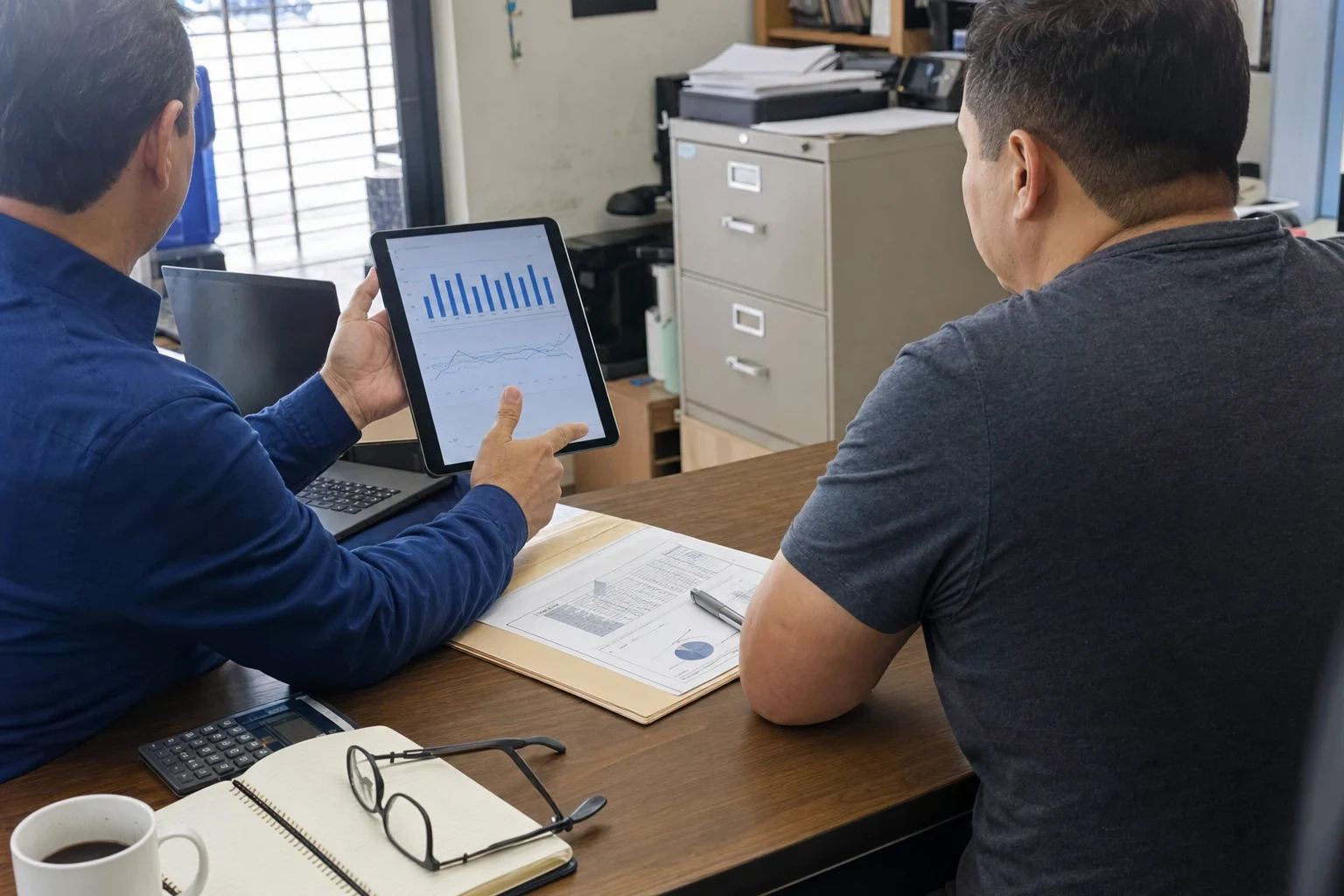 Agent in a blue shirt points to a chart on a tablet for a business owner at a wooden desk in a small back office with a filing cabinet and printed papers